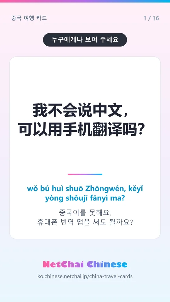 我不会说中文，可以用手机翻译吗？ — 중국어를 못해요. 휴대폰 번역 앱을 써도 될까요?