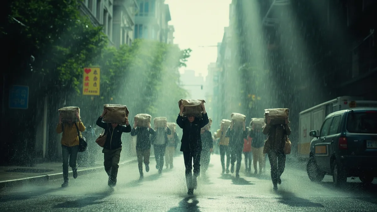 倾盆大雨(경분대우)의 뜻 "동이를 쏟은 듯한 큰비"를 나타낸 장면