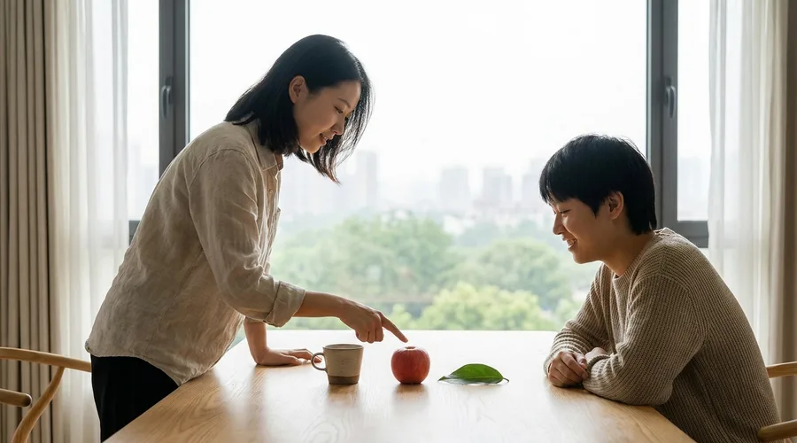 탁자 위에 놓인 컵, 사과, 나뭇잎을 가리키는 사람