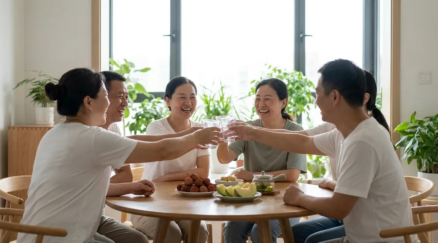 과일이 차려진 식탁 위로 함께 잔을 드는 친구들