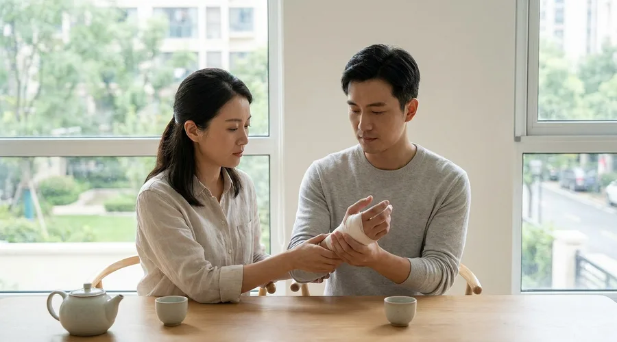 붕대를 감은 친구의 손목을 조심스럽게 받쳐 주는 사람