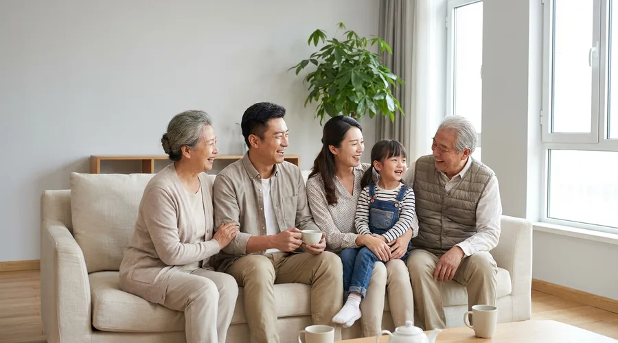 햇살 드는 소파에 나란히 앉은 삼대 가족