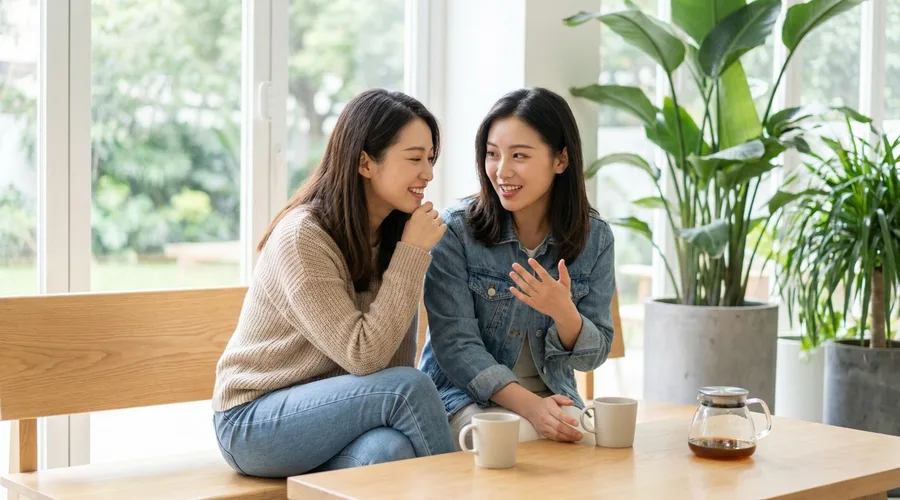 밝은 벤치에 앉아 친구의 이야기를 귀 기울여 듣는 사람