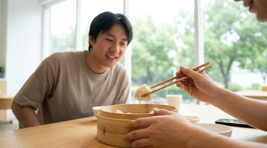 대나무 찜기에서 김이 나는 만두를 젓가락으로 집는 손