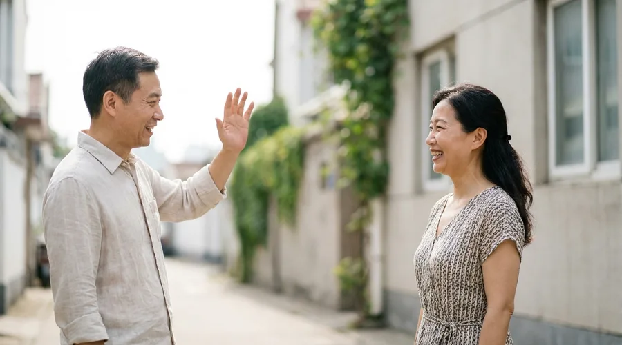 햇살 비치는 골목에서 손을 들어 인사하는 두 사람