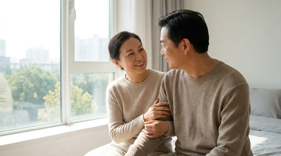햇살 드는 창가에서 다정하게 웃으며 마주 선 두 사람