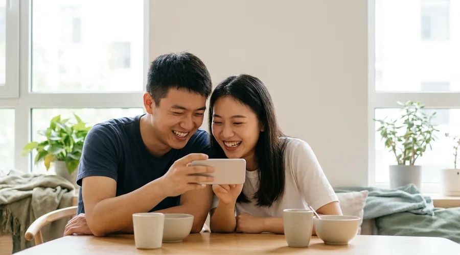 휴대폰 화면을 함께 보며 웃는 두 친구