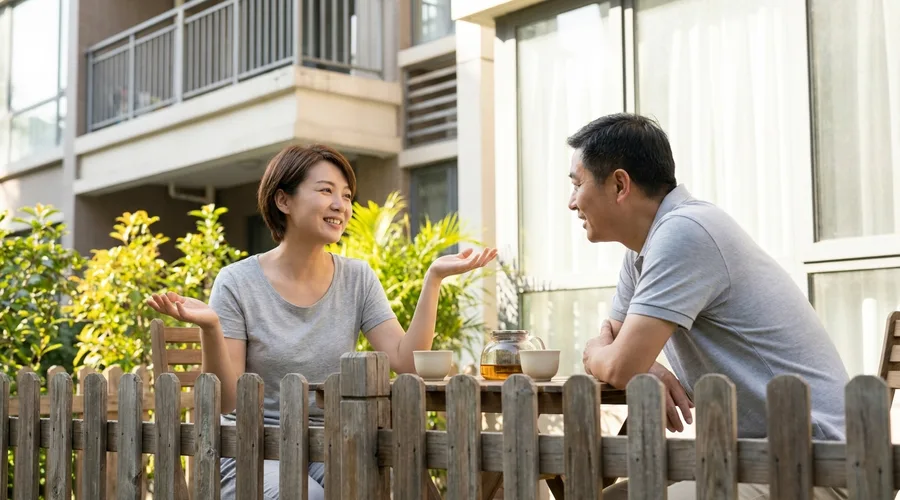 낮은 울타리 너머로 편하게 이야기하는 이웃